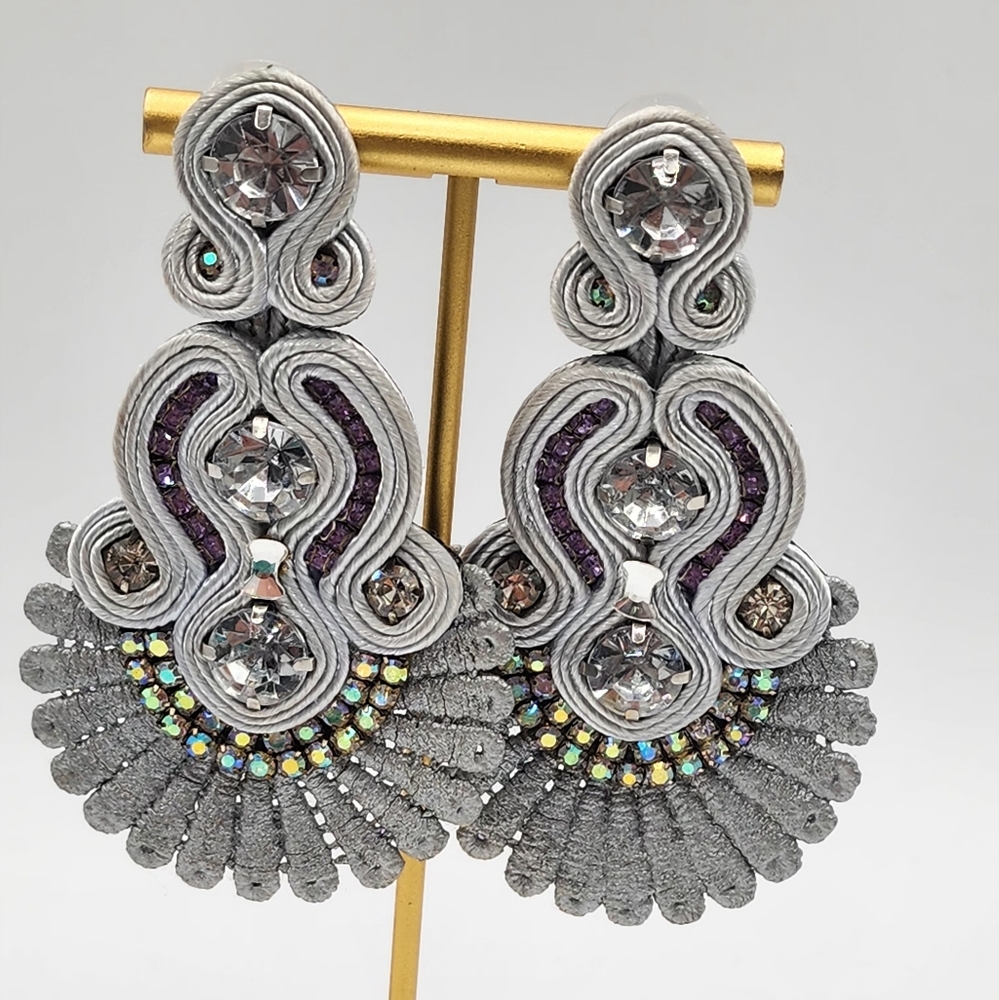 Silver Lace With Purple And AB Rhinestone Statement Earrings - Picture 3 of 11